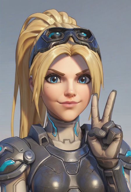 score_9, score_8_up, score_7_up, score_6_up, score_5_up, score_4_up, 1girl, <lora:WidowmakerNova:0.75> solo, medium breasts, ponytail, blonde hair, long hair, blue eyes, bodysuit, armor, goggles, goggles on head, front view, smile, upper body, v sign, 
light blue background, simple background,