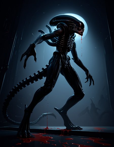 score_9, score_8_up, score_7_up, score_6_up, source_furry, solo, full-length portrait, spaceship background, night, digital art, <lora:Alien_-_Xenomorph_PONY:0.8>  xenomorph, digitigrade, monster, backlighting, rimlight, cinematic, low-angle view, low angle view, <lora:dark_v1.9-pony:0.2> dark theme, dim lighting, silhouette, dark background, backlighting,  <lora:GwentStyle_v2:0.6> gwentstyle,  <lora:Darkgem_Style_PONY_XL:0.4> darkgem, covered in blood, blood splattered on wall in background