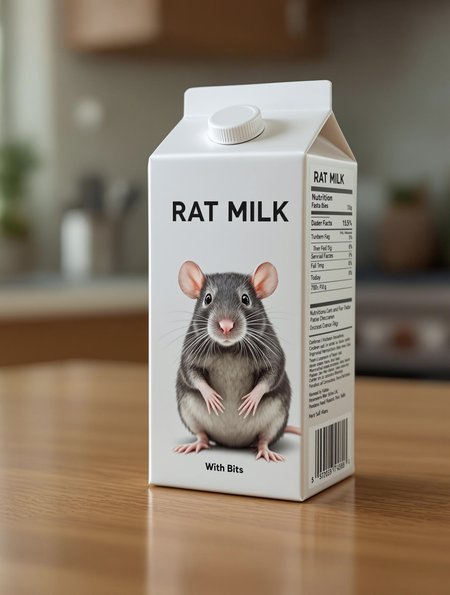 A carton of "Rat Milk" sitting on a kitchen table. The carton is designed like a real commercial dairy product — clean, professional packaging with a sleek, minimal layout. It features a photorealistic image of a real rat, neutral expression, natural pose, no embellishments. The words "RAT MILK" are printed in bold, minimalistic sans-serif font. The slogan "With Bits" is written underneath in smaller, tasteful text. Standard product details like nutritional facts, barcode, and ingredients listed on the side. Photorealistic style, natural lighting, looks like a genuine product photo but with an absurd and disgusting concept