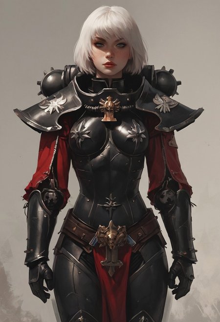 safe_pos, score_9, score_8_up, score_7_up,
BREAK,
full body shot, posing
BREAKE,
white hair, short hair, bob haircut, bangs, makeup, medium breasts, blue eyes, strong, beautiful face, french, freckles, fit, Sororitas, armor, shoulder armor, pauldrons, power armor,
BREAK,
looking at viewer, 
BREAK, 
Sister of Battle, 