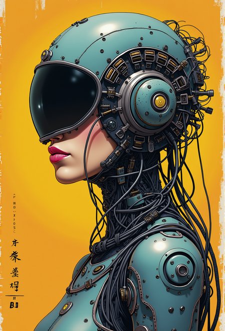 Advertising poster style (retro cyberpunk) anime, a woman (cyborg:1.3)  with a helmet on his head , cyberpunk, cyberpunk art,     cyber  (a lot of wires and a lot of small parts:1.4) (Xenotrip:1.5) . Professional, modern, product-focused, commercial, eye-catching, highly detailed