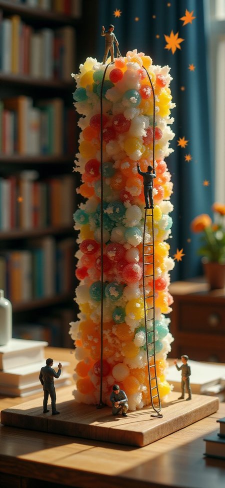 (indoors,indoor,isometric view,side view,tilt-shift lens:2), (fna_style,miniature,miniature,diorama,miniature,diorama,PVC,plastic:2),starry night,autumn giant (randomly multi stack up,multi layer of candy cubic vertical:2.5)  is located center, people are climbing with ropes, (in wooden square plate:3) (on table at study:3) <lora:Fantasy_Novel_Art_Style:1> <lora:Rostpunk:0.3>
