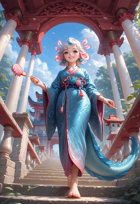 zPDXL3, Expressiveh, EyesHD, traditional media, AIU, score_9, score_8_up, score_7_up, score_6_up, _Style, high quality, extremely detailed, perfect face, detailed background, very cute girl, Cartoon_Type, <lora:AxolotlWorld_Concept:1>, AxolotlWorldXLP, detailed scales, thick tail, blue highlights, blue tones, cute bangs, axolotl girl, dappled sunlight, holding dango candy, ancient temple, freckles, colored skin, monster girl, short, elegant kimono, on stairway to temple, walking,  leaves, stairs, cute, smile, barefoot, white hair, from below, low angle shot 