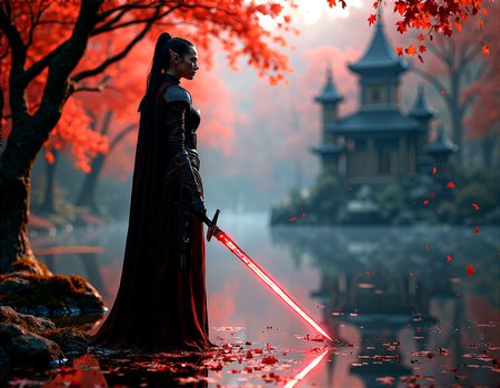 photorealistic image of a female dark elf warrior in a dark uniform, holding a glowing sword, standing in a sacred glade surrounded by falling red leaves, the light from her sword illuminating the serene environment, reflections in the calm water, highly detailed textures on her armor and clothing, contrast between the soft natural light and the intense glow of the sword, next-gen graphics, high-definition, intricate composition, cinematic




cinematic scene, cinematic lighting, intricate detail skin and facial texture, lifelike expression, accurate character design, dynamic pose, interesting and complex background details, complex dynamic pose, 





 














