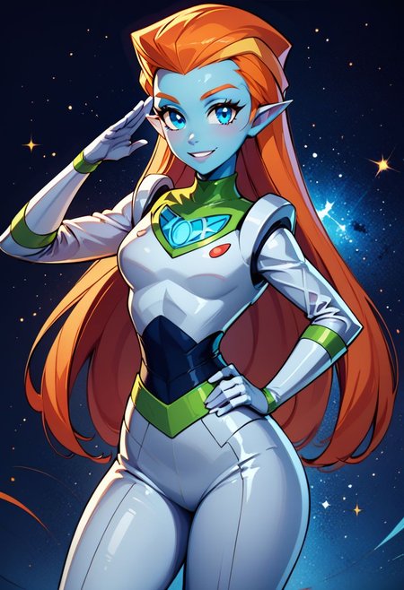 score_9, score_8_up, score_8, medium breasts, (curvy), cute, eyelashes,     
rating safe, 
BREAK,
 zzMira, blue eyes, blue skin, orange hair, pointy ears, white spacesuit, cowboy shot, smile, hand on hip, looking at viewer, (salute:1), 
BREAK,
smile, looking at viewer, 
cosmic space background, 
zPDXL, Expressiveh