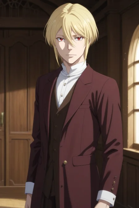 score_9, score_8_up, score_7_up, , rating_safe, , semi-realistic, looking at viewer, , 1boy, solo, male focus, <lora:william_james_moriarty_pony:0.78>, william_james_moriarty, blonde hair, red eyes, short hair, hair between eyes, , , symmetry, dining room, dawn, standing, squinting, medieval costume, <lora:sdxl_lightning_8step_lora:1>