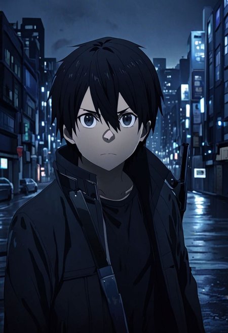 high resolution, professional photography, best quality, 1Boy, Kirigaya Kazuto, Black Hair, Black Eyes, potrait, midnight, big city, dim street lights, dirty, cold, tense, mysterious, sharp eyes, merciless, threatening, weapon, aiming the weapon at the viewer, overalldetail