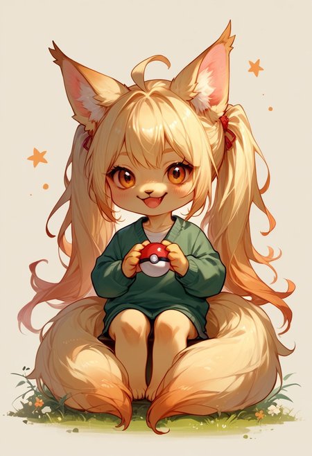 score_9, score_8_up, score_7_up, source_anime, solo, Ninetails happy, sitting next to a large pokeball, (anthropomorphic Ninetails, chibi body:1.3), simple background, (detailed image, high resolution, 5k resolution:1.0), (chibi art style:1.1)