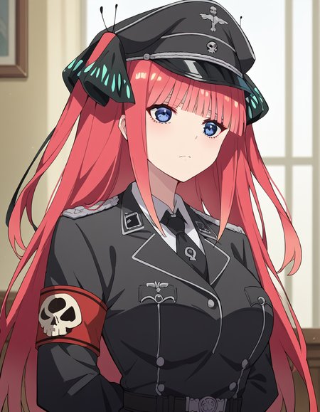 score_9, score_8_up, score_7_up, source_anime, <lora:nnakano-s2-ponyxl-lora-nochekaiser:1>, long hair, bangs, blue eyes, hair ornament, hair ribbon, pink hair, blunt bangs, two side up, butterfly hair ornament, large breasts,, <lora:warden-ponyxl-lora-nochekaiser_r1:1>, skull hat ornament, uniform, military uniform, black uniform, hat, cap, black cap, armband, collared shirt, black necktie,, indoors, hands behind back,, cowboy shot,