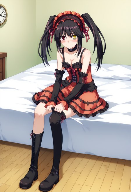 score_9, score_8_up, score_7_up, source_anime,
BREAK
1girl, solo, 
 <lora:shiKurumiV2:1> kurdef, long hair, black hair, twintails, red eyes, yellow eyes, clock eyes, heterochromia, hairband, bare shoulders, detached sleeves, choker, red dress, cleavage, bow, black thighhighs, lace-up boots,
<lora:shiPuttingOnPantyhoseV1:1.0>, shiwearingpantyhose, putting on legwear, sitting, 
adjusting legwear, clothes pull, 
thighhighs, 
looking at viewer, 
indoors, bed, blush, wavy mouth,