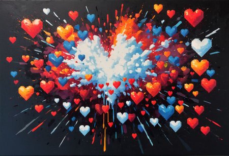 abstract, pixel art, pixelated cloud dissolving, explosion of pixelated hearts, textured canvas, bold colors, chaotic composition, expressive brushstrokes, contrasting light and shadow, raw emotion