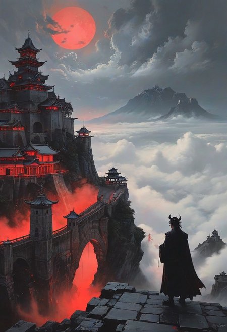 score_9, panorama landscape, architecture, street market, street, outdoor market, sunset, dracula japan village, Japan, enchanted fortress and fortified castle, above the clouds, mystical atmosphere, detailed stone and wood walls, europinian man, 50 years old, devil, blood, bloody mist swirls around, weibo, drawing, formal, black hair, devil horns, double halo, hunter eyes, holding finger to lips, shush, intimidating retro 90's, red, black, science fiction, a dark sky lit by the glow of distant moons and neon lights. rockpunk, yoji shinkawa, James Jean, Ayami Kojima, village<lora:EnvySendNoodzXL01:-2><lora:EnvyZoomSliderXL01:.5>, <lora:EnvyPanoramaXL01:0.5>