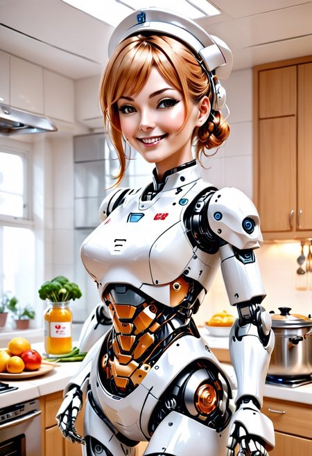 robot maid nurse cooking cleaning looking after the family, feminine, hybrid, (skin, torso, attractive, navel), lewd, pleasure bot, kitchen, looking at viewer, offering services, how about it, creepy robot smile