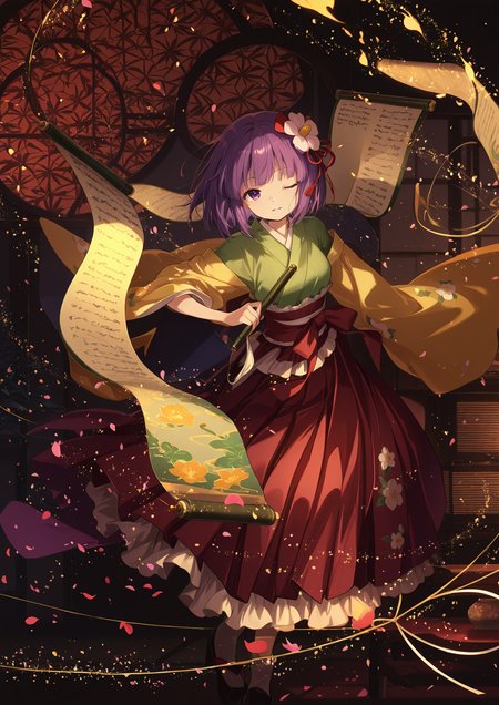 absurdres, highres, masterpiece, best quality, amazing quality, official anime artwork, screencap, anime screencap, indoors, light smile, looking at viewer, dynamic pose,
 <lora:Hieda-no-Akyuu_Illustrious:1> hieda no akyuu, 1girl, solo, purple eyes, purple hair, short hair, hair flower,, japanese clothes, green kimono, yellow sleeves, wide sleeves, red skirt, red hakama, floral print, holding scroll, light particles, petals, one eye closed, parted lips,