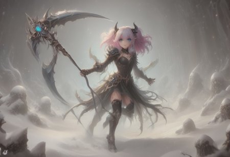 score_9, score_8_up, score_7_up, score_6_up, dynamic, (anime, masterpiece), best quality, (8k), detailed background, sharp focus, intricate, ambient lighting, super high quality, hyper detailed background, cinematic lighting, adult, dungeons and dragons character art style, a norse girl early 20s, straight long lilac hair tied back into a ponytail, heart choker, black hairband, dark magical blue eyes, pale skin, human, wearing black crop top and black leather skirt, thighhigh high heeled boots, holding a scythe in her hands, full body portrait, zoomed out, medium breasts, walking through a snowy mountain village, action pose, jumping down from above a slime monster