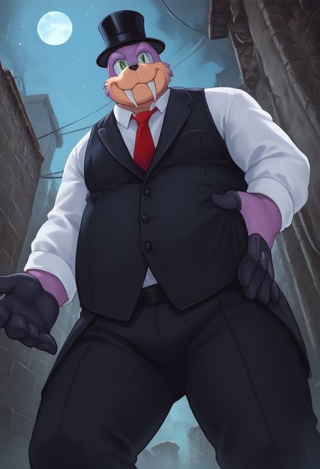 score_9, score_8_up, score_7_up, furry male, Rotor the walrus, green eyes, fangs, furry,  furry anthro, alley, dutch angle, posing, from below, clothed, (((dutch angle, posing, from below))), walrus, fat, overweight, walrus tusks, squinting eyes, smile, solo, 1boy, male focus, <lora:pony_monocles-step00000800:1>,(monocle),round eyewear, top hat,, suit, gloves, furry male, mustache, necktie, a robber-baron wearing a monocle on a chain on his left eye, top hat, white shirt, black vest from 1900 holding a pocketwatch, standing
BREAK
city, ruins, back alley, outside, night, moon, stars, ambient light,