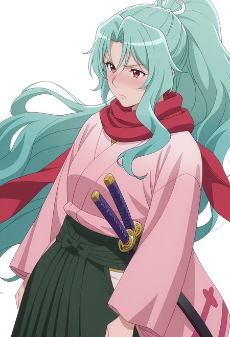 Smooth Quality,masterpiece, ultra realistic,
simple background, white background, 
dutch angle,nose blush,wind, 
 <lora:Tomoecnn:0.8> sofia/cnn, 1girl, long hair, scarf, ponytail, red eyes, japanese clothes, katana, green hair, very long hair,