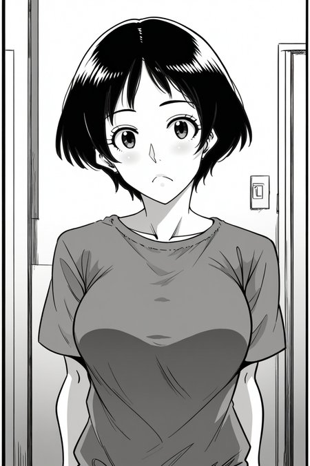 <lora:Hana_Hook-noriko:1>,noriko,1girl,solo,greyscale,short hair,breasts,shirt,upper body,looking at viewer,indoors