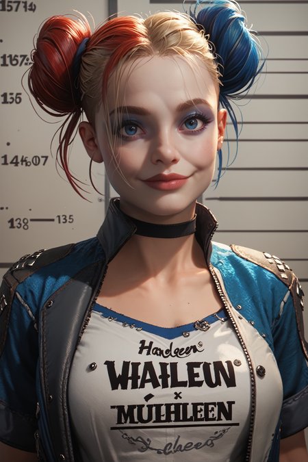 score_9, score_8_up, score_7_up, score_6_up
<lora:SQHarleyQ:0.8>
SQHarleyQ, 1girl, blue eyes, multicolored hair, twin buns, make up, looking at viewer, mugshot, upper body, smile