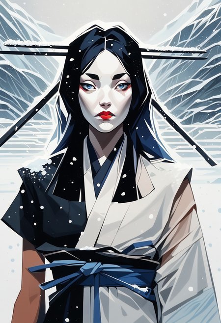score_9,score_8_up,score_8,score_9,(((pastel colors, high contrast,expressiveh,solo focus, ))), (1girl)  rimlight, African, dark skin, White face, Kuroku, white Japanese clothes, white clothes, white background, long hair, black hair, red lipstick, hair ornament, museum background, blue sash, kimono, holding kunai, one sleeve,  snowing, large blue eyes, one sleeve,museum, curvy, wide hips, gorgeous face,