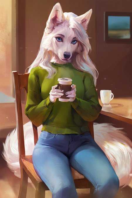 masterpiece, best quality, highres, newest, concept art, digital art, realistic, anthro, furry, wolf, white fur, long hair, white hair, blue eyes, green sweater, long sleeves, blue jeans, holding cup, coffee cup, 1girl, solo, looking at viewer, cowboy shot, sitting, on chair, indoors, cafe <lora:Pink Dreams [LoRA] - NoobAI-XL EPS 1.0:0.8>