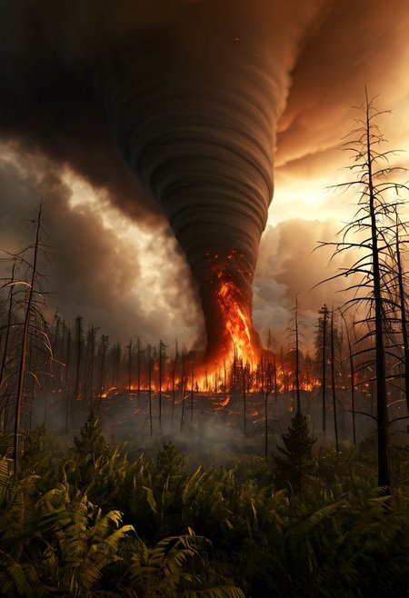 tornado over a burning forest with a tsunami coming, epic , masterpiece, dynamic, highly detailed