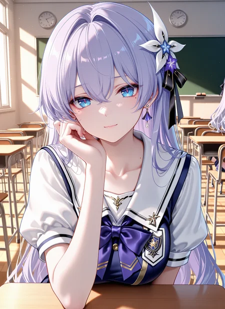 masterpiece,best quality,newest,absurdres,highres,soft shadows,year2024,mutou kurihito,(kimishima ao:0.7),(hiten \(hitenkei\):0.4),(sheya:0.4),
<lora:Cantarella youngXLNAI:1>,Cantarella (\young\),1girl,light purple hair,blue eyes,hair ornament,hair between eyes,mole under eye,earrings,school uniform, 
classroom,