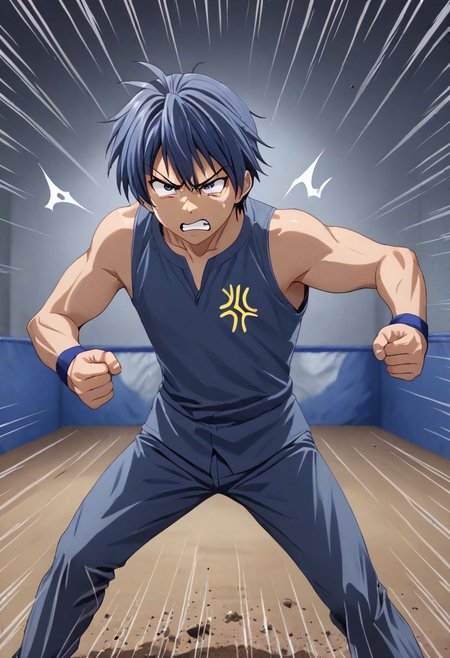 high resolution, solo, best quality, 1Boy, Tomoya Okazaki, Grey Blue Hair, anger, fight, OverallDetail