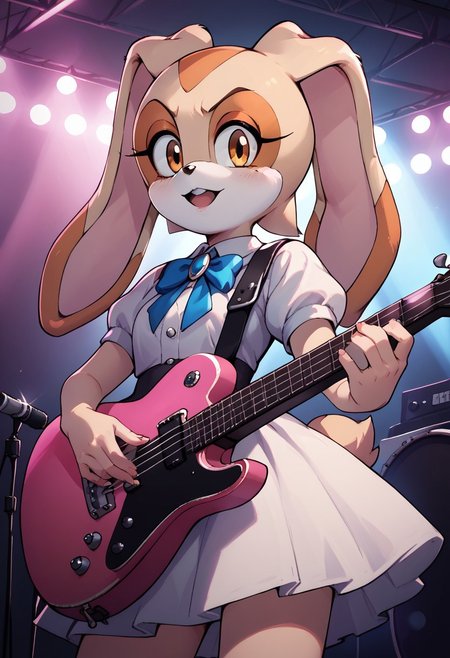 Cream The Rabbit, solo, idol dress, electric_guitar, playing_instrument, pink guitar, neon lights, stage lights, night, 
score_9, score_8_up, score_7_up