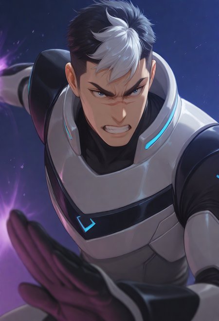 embedding:Illustrious\Positive\IllusP0s, embedding:Illustrious\Positive\IllustriousQual, embedding:SDXL\Positive\HDA_MasterpieceXLclassic, 1boy, male focus, solo, illushirogane, nose scar, undercut hair centered white bang, paladin armor, prosthetic arm, clenched teeth, fighting stance, dynamic angle, vfx dynamic angle, depth of field, best quality, high resolution, masterpiece.