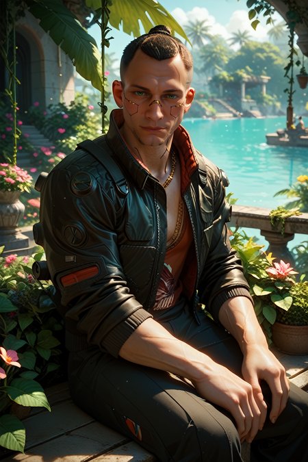 score_9, score_8_up, score_7_up, score_6_up
<lora:CyberJackie:1.0>
CyberJackie, 1boy, black hair, green eyes, mechanical parts, looking at viewer, sitting on a stone bench in a Mediterranean courtyard, wearing a light linen suit, vines and flowers around, warm sunlight, elegant and relaxed mood