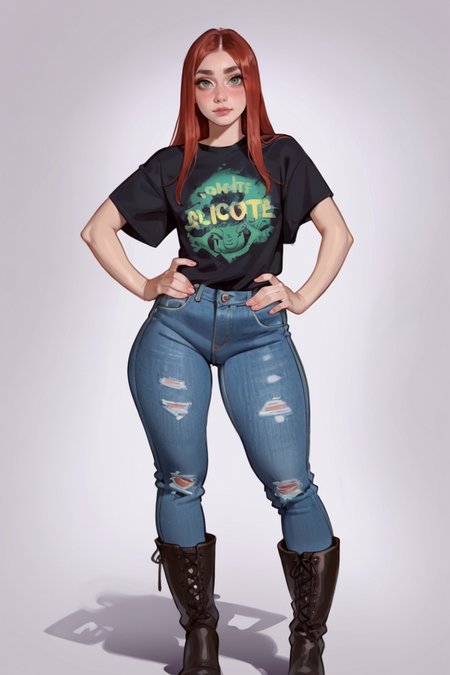 <lora:RealMix29:1>, score_9, score_8_up, score_7_up, score_6_up, score_5_up, rating_questionable, source cartoon
1girl, pretty face, pretty eyes, detailed eyes, HD eyes, thick thighs
hands on hips, standing, cowboy shot
looking at viewer, blush, eyebrows, long hair, red hair, green eyes jeans, green t-shirt, boots, high waisted jeans
simple background, white background