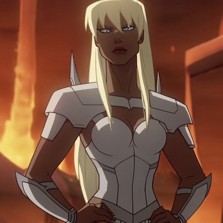 score_9, score_8_up, score_7_up, 1girl, solo, lipstick, blonde hair, long hair, blue eyes, breast, armor, pelvic curtain, Gilotina (dc), looking at viewer, indoors, volcano, cleavage, hands on hips, cartoon_screencap
