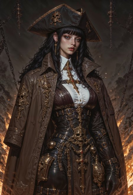 a highly detailed digital illustration in a realistic, fantasy art style. The central figure is a young woman with long, wavy dark hair, partially covered by a black tricorn hat adorned with a gold skull and crossbones emblem. She has a serious expression on her face, with dark, smoky makeup accentuating her eyes. Her outfit is a pirate's ensemble, comprising a rugged, dark brown leather jacket with multiple pockets and straps, layered over a white, slightly disheveled shirt. The jacket is decorated with various metal buckles, chains, and patches, giving it a weathered, battle-worn appearance.
Around her waist, she wears a large, ornate belt filled with an assortment of pirate paraphernalia, including a large brass key, a small flask, and various pouches. Her lower body is covered by dark brown leather pants, also adorned with belts and straps, and she wears knee-high boots. The background is a smoky, fiery scene, with flames and embers suggesting a post-battle or pirate ship setting. The colors are predominantly dark browns and blacks, with hints of gold and orange from the fire. The texture of her clothes is rough and rugged, enhancing the overall pirate aesthetic.