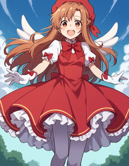 score_9, score_8_up, score_7_up, source_anime, asunayuuki, <lora:asuna-yuuki-s1-ponyxl-lora-nochekaiser:1>, asuna yuuki, long hair, brown hair, brown eyes,, <lora:sakura-kinomoto-cosplay-ponyxl-lora-nochekaiser:1>, sakurakinomotocosplay, kinomoto sakura \(cosplay\), bow, bowtie, dress, gloves, hat, magical girl, pantyhose, petticoat, ppuffy short sleeves, puffy sleeves, red bow, red bowtie, red dress, red hat, short sleeves, white gloves, white pantyhose, white wings, wings,, outdoors, open mouth, blush, smile, flying,, cowboy shot, dutch angle, solo,
