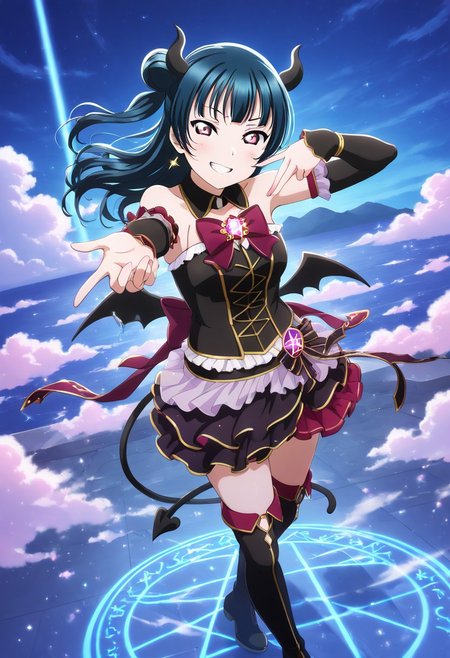masterpiece, best quality, solo, 1girl, aged up, happy, 
 yoshiko_tsushima, tsushima_yoshiko, long hair, bangs, blue hair, pink eyes, single side bun, magical demon idol outfit, crimson and black outfit, corset top, layered skirt, thigh-high boots, small black horns, pentagram brooch, enchanted circle stage, arcane symbols glowing on the floor, thunder clouds in the sky, mischievous grin, casting pose