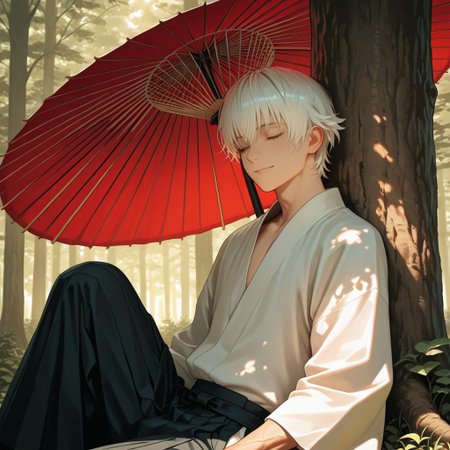 masterpiece, best quality, amazing quality, absurdres, newest, detailed background, definition so sharp, Ultra-HD, 8K cinematic, very awa, impressionate, amazing quality, highres, 
solo, male focus, manly, 
yashiroisana, 1boy, short hair, bangs, shiro_white hair, shiro_brown eyes, oil-paper umbrella, sitting, leaning against a tree, light smile, closed eyes, calm, forest, dappled light, sunbeams, aesthetic, serene, joyful, peaceful