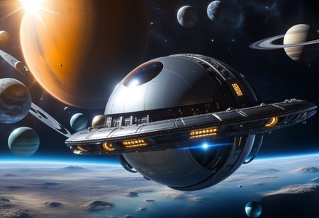 ultra realistic, sunlight from side
Perry Rhodan, spherical bullet Spaceship with ring bead, metallic surface with many installations, satellite dishes, hangars, high reflections,
background (andromeda, some planets with moons, satellits and friendly spaceships), 
six suns as hexagon with wormhole inside,