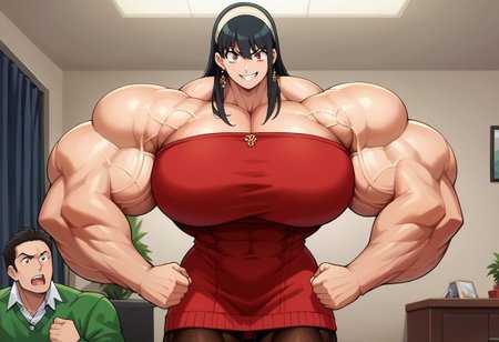score_9,score_8_up,score_7_up,score_6_up,source_anime, studio lighting, masterpiece, high quality, clear image, anime screencap, hetero, femdom, trampling, bdsm, abuse, forced, best quality, perfectly detailed eyes,
1girl (yor briar, black hair, red eyes, earrings, white hairband, hairband, long hair, sidelocks, bare shoulders, collarbone, dress, long sleeves, off shoulder, off-shoulder dress, off-shoulder sweater, pantyhose, red sweater, sweater, sweater dress, thighs, tall, huge breasts:1.6, huge muscles, (gigantic muscles:1.8), smug expression, dominant, flexing, stands on guy, tramples guy, stomps guy, heel is pressed into slave's body), 
BREAK
1guy (green suit, short blonde hair, short, very skinny, shocked expression, submissive, no muscles, male, head facing up,)