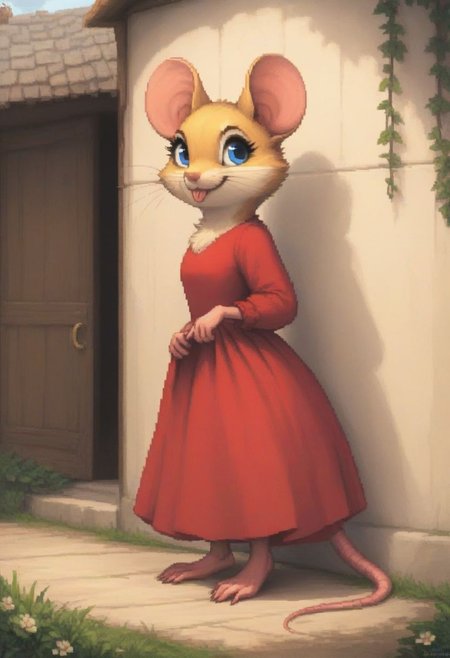 score_9, score_8_up, score_8, solo, (fluffy:0.6), (feral:1.3), toes, furry, (((mouse))), female, blue eyes, yellow fur, chest, claws, (red dress), in the style of beatrix potter, outdoors, (solo:2), side view, smirking, tongue out, (cute), lift dress, (look back:1.2), flat colors, line art, pixel art, (16-bit, dithering)