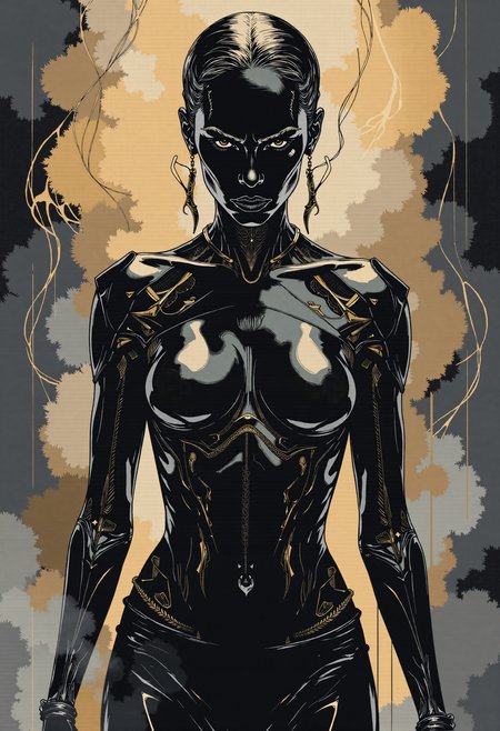 Ethereal Gothic Elegance, Ghost in the shell, in a world where technology meets dystopia, a black female android form stands motionless as an evidence to innovation, blending strength and elegance in a cyberpunk realm. The head slightly raised, emphasizing the calm and relaxed posture, enveloped in the midst of a monocromatic misty void.
full-length body shot, long shot, realistic feminine, golden details, carbon fibre, matte darkcoal, dark and cool tones, Octane rendering, raytracing, lumen, high-contrast effects, highly detailed.