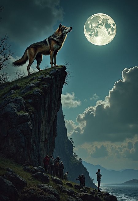 A wolf and a she-wolf, driven to the top of a mountain, let out a final howl before jumping into the abyss. Ideal body anatomy. The disturbing and grotesque world of Stephen Gummel. Style by Andrew Wyeth “Scary Stories Told in the Dark.