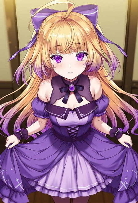 very awa,masterpiece, best quality, good quality,game_cg, anime coloring,CosetteOtogiFrontier,multicolored hair,blonde hair,purple eyes,ahoge,hair ribbon,CosetteDress,purple dress,standing