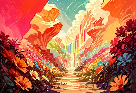 colorful landscape vista of an endless desert covered with colorful flowers,  score_9, score_8_up, score_7_up, score_6_up, score_5_up, score_4_up,