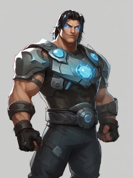 1girl, standing, looking at viewer, uncensored, score 9 up, score 8 up,
 <lora:Marvel_Rivals_Concept_Art_Style PonyXL:1>,male focus, holding weapon, muscular male, glowing eyes, fingerless gloves, closed mouth, smile, black gloves, belt, 1boy, blue eyes, shoulder armor, clenched hand, manly,