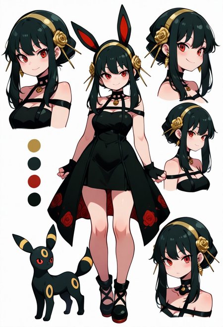 CharacterDesignIllustrious, reference sheet, simple white background, color guide, (multiple views), (full body), dynamic pose,
,,,
cute girl, smile, 
,,,
(Umbreon ), Umbreon companion, 
Yor Briar, Yor Forger, 1girl, black hair, red eyes, short hair with long locks, gold hairband, hair flower, black choker, black dress, sleeveless, off shoulder, floral print, fingerless gloves,