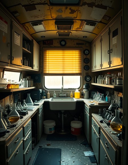 The interior of an old RV converted into a clandestine drug laboratory, inspired by the TV series Breaking Bad. The space is cramped and messy, filled with scientific equipment, glass beakers, flasks, burners, chemical containers, and lab tools scattered around. The walls are aged and stained, with peeling wallpaper and old metallic cabinets. A small sink area is cluttered with dirty lab glassware. The lighting is dim and tinted yellow, with sunlight barely filtering through dusty blinds. The floor is grimy, with a mix of rubber mats and worn carpet. The overall atmosphere is tense and gritty, capturing a sense of secrecy and danger. Hyper-realistic style, cinematic composition, rich in textures and shadows.
<lora:SDXLFaeTastic2400:0.4> <lora:extremely_detailed:0.4> extremely detailed,<lora:old_RV_drug_l4b0r4t0ry:1>,old RV drug l4b0r4t0ry, Masterpiece,best quality,hi res,8k,hi res,8k,award winning,(sharp focus, intricate, highly detailed),