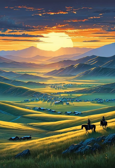A captivating morning scene illustration featuring the steppes of Mongolia. This enchanting artwork captures a serene and peaceful early morning, where the sun is just starting to rise over the the steppes and fields of Mongolia, creating a cinematic experience back to the times when Mongolian armies rode across the land on horses, 
 illustration, cinematic
<lora:DonM3t3rn1tyXL-v1.1:0.7>, DonM3t3rn1tyXL,
OverallDetailXL  <lora:MJ52:0.3>  <lora:SDXLFaeTastic2400:0.4>  <lora:EpicF4nta5yXL:0.7>