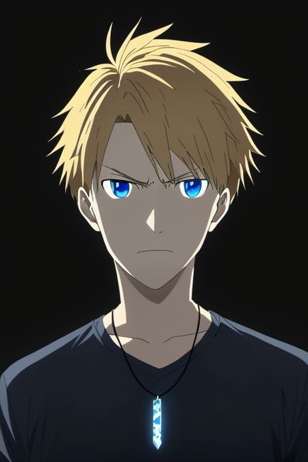 high resolution, solo, best quality, 1Boy, Yamato Ishida, Blond Hair, Blue Eyes, Necklace, potrait, dark shirt, looking at viewer, focused gaze forward, simple background, straight body, upper body, head upright, fear, OverallDetail