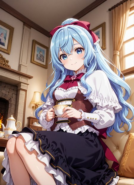 source_anime BREAK prefect lighting,very aesthetic,prefect hands,best quality,
intricate details,highly detailed background,(masterpiece:0.9),high quality,lustrous_skin,skindentation,(zPDXL3),
ultra delicate hair,
face_detail,
skin_detail,<lora:cfg_scale_boost>,
lustrous_skin,skindentation,
shiny skin,
<lora:seirei_gensouki_-_liselotte_cretia_il:0.7>,liselotte_cretia,long_hair,hair_between_eyes,blue_hair,ponytail,purple_bow,hair_bow,blue_eyes,
white_shirt,long_sleeves,white_dress,frills,black_skirt,red_bowtie,white_capelet,frilled_capelet,
masterpiece,best quality,ultra-detailed,Best-A,Medium-B,Low-C,Bad-D,cute,light_blush,dynamic_angle,
looking at viewer,small breasts,blush,bedroom,indoor,window_,curtains,fireplace,table,smile,sitting,couch,
teapot,tea cup,black tea,from_below,